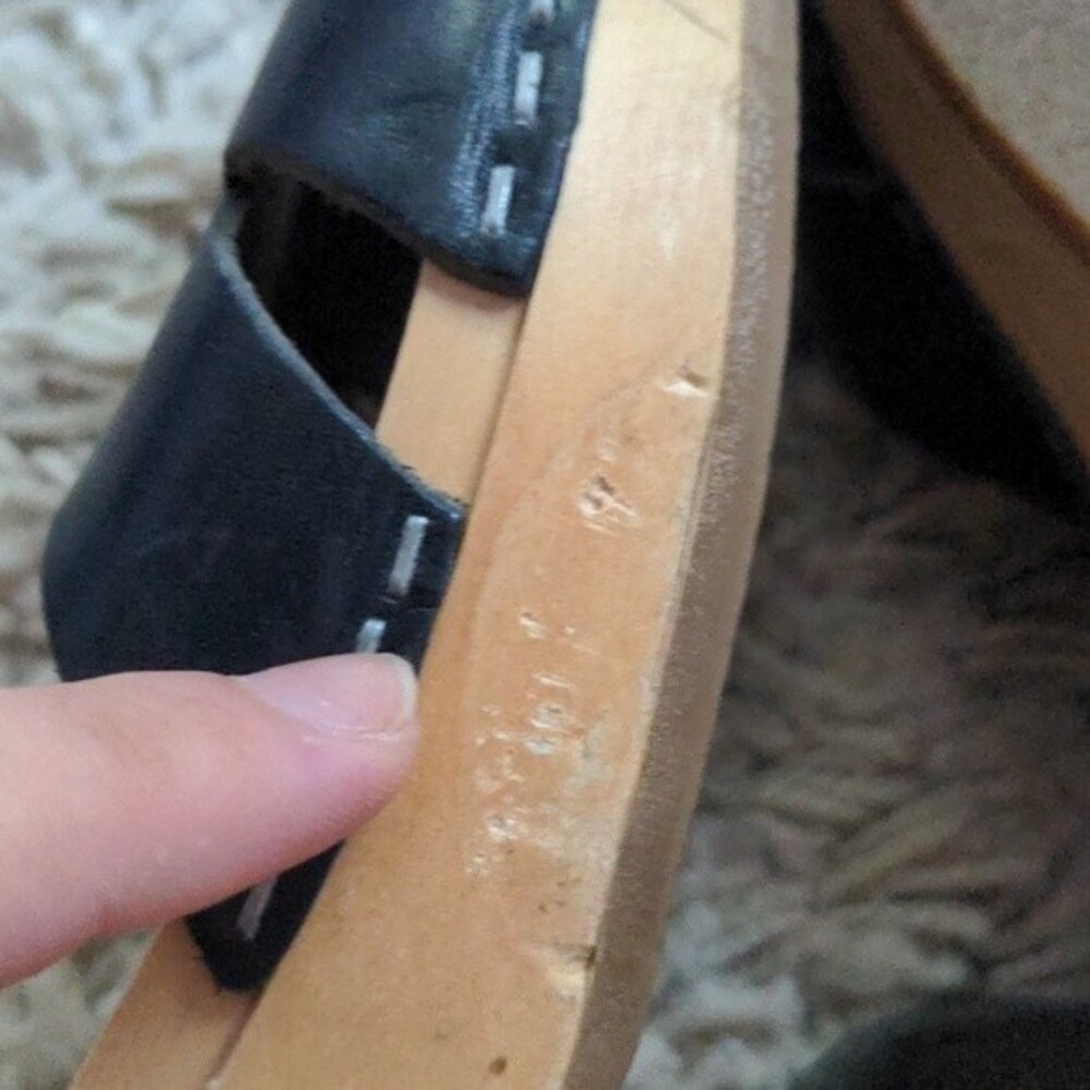Swedish Hasbeens Black Leather Peep-Toe Slingback Cork Sandals - Picture 8 of 14
